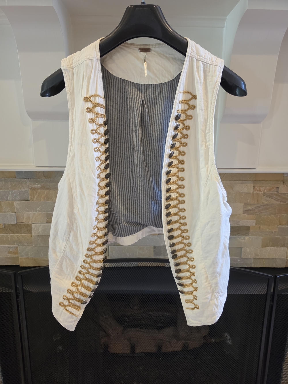 Free People White Sleeveless Vest with Gold Braid Trim